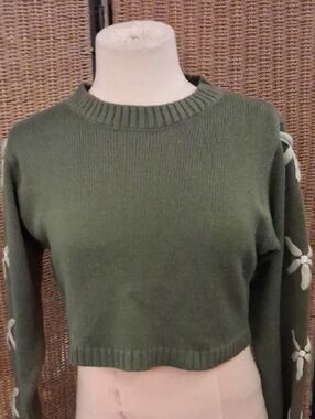 Altar'd State Olive Green Cropped Crewneck Sweater with Sleeve Embroidery